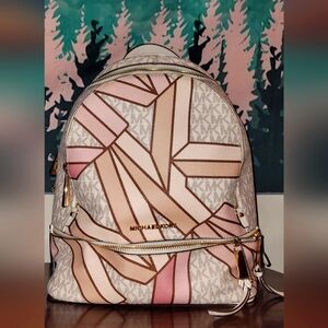 Michael Kors Rhea Signature Logo Zip Medium Backpack - Smokey Rose Multi